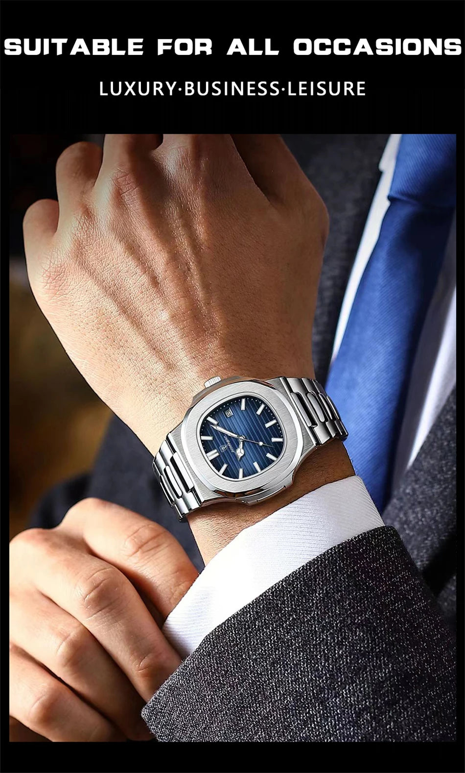 POEDAGAR Luxury Watch Business 50 ATM Waterproof Male Clock Luminous Date Stainless Steel Square Quartz Men Watches reloj hombre
