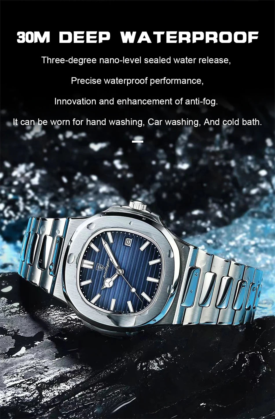 POEDAGAR Luxury Watch Business 50 ATM Waterproof Male Clock Luminous Date Stainless Steel Square Quartz Men Watches reloj hombre