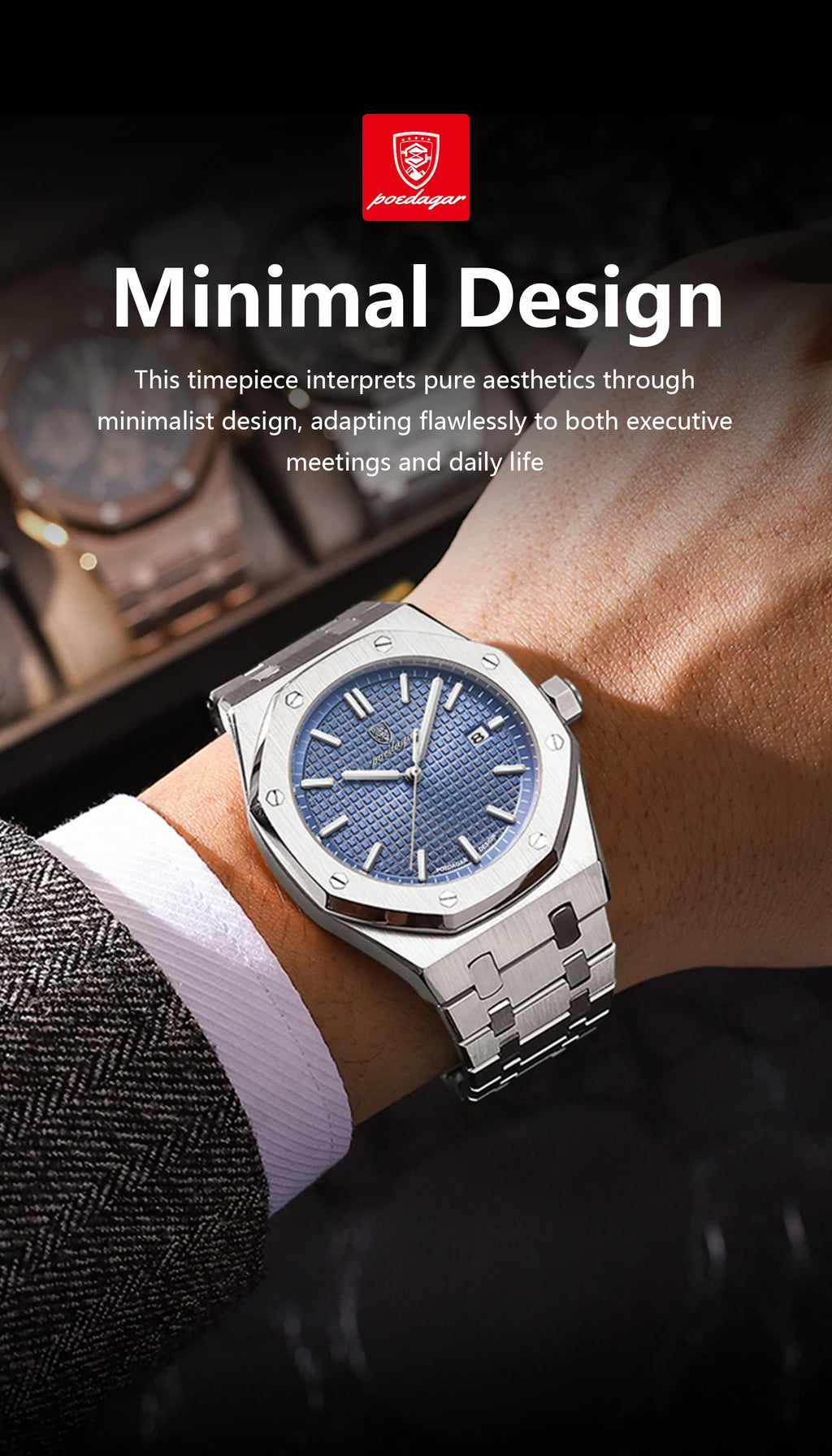 POEDAGAR Montre Homme Originale de Luxe Date Lumineux Étanche Acier Inoxydable Montre-Bracelet Homme Business Mode Quartz Montres pour Hommes