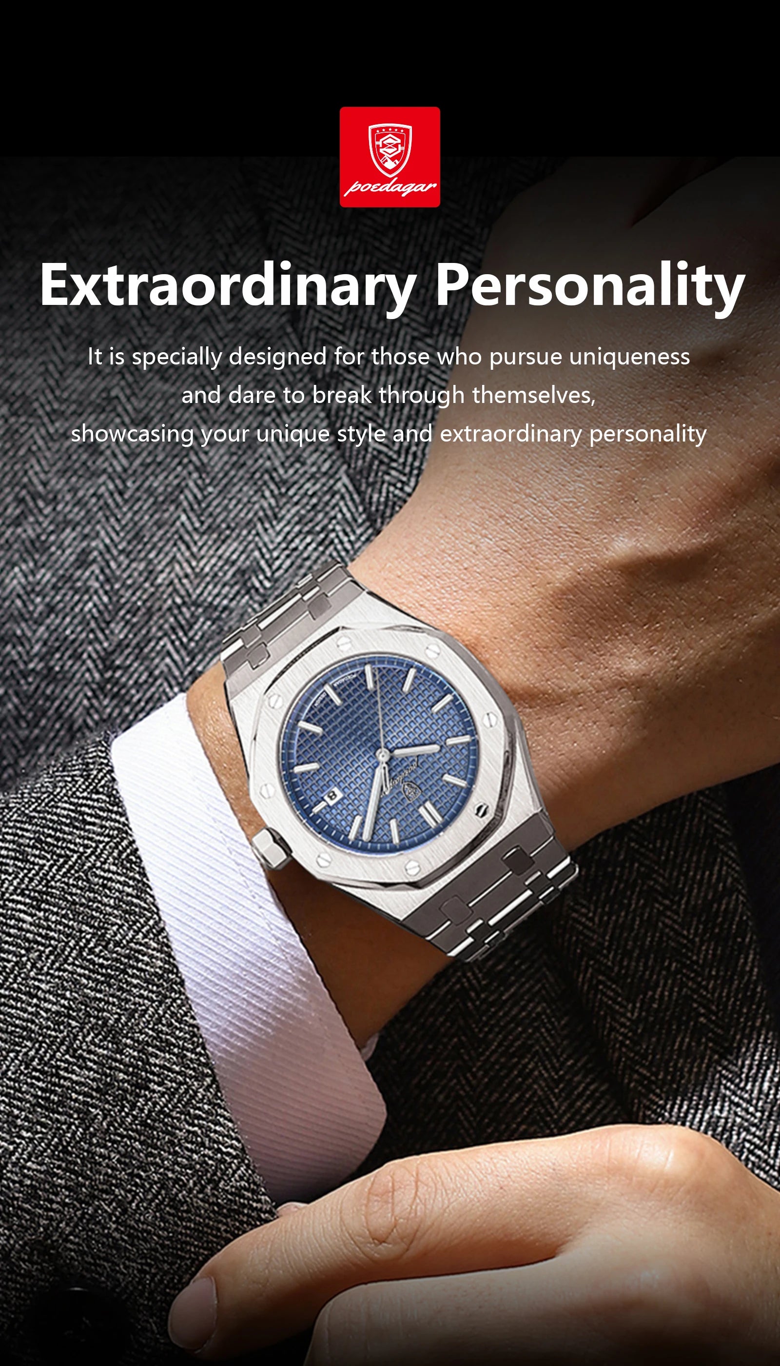 POEDAGAR Montre Homme Originale de Luxe Date Lumineux Étanche Acier Inoxydable Montre-Bracelet Homme Business Mode Quartz Montres pour Hommes